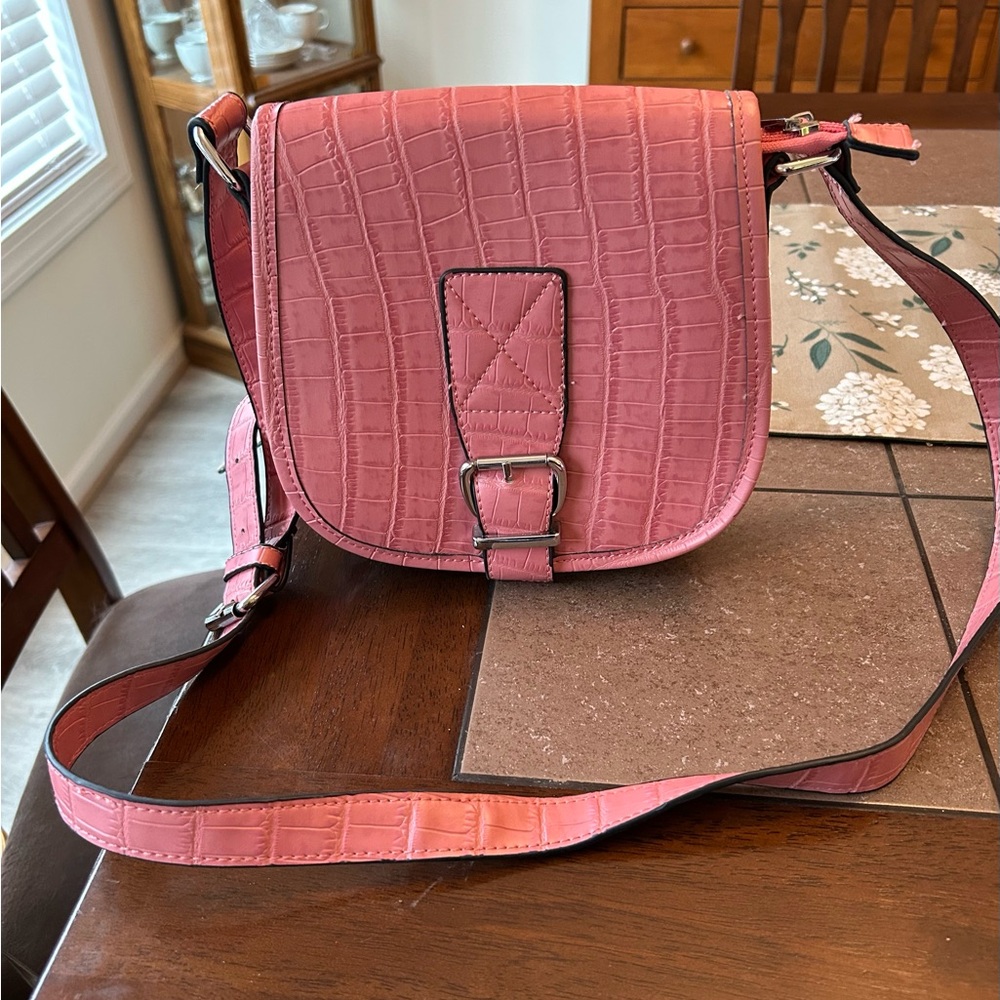 Pink Crocodile-Embossed Crossbody Bag